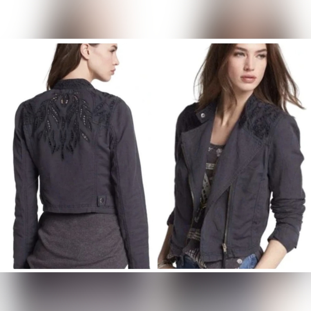 Free People Black Moto Jacket Cutwork Asymmetrical Zip Embroidered Shoulders
